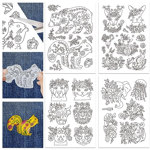 GLOBLELAND 4 Blatt Wasserlösliche Handnähstabilisatoren Mit Blumenmuster Tiere Zum Aufkleben Und Sticken von Stickmustern Papier Zum Übertragen von Stickmustern 4 Blatt