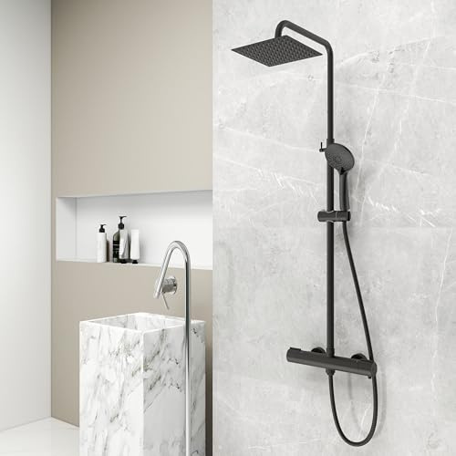 AICA ITALY, Soffione Doccia Quadrato 20x20cm Acciaio Inox con Rubinetto Termostatico Diametro 45mm, Saliscendi Doccia Regolabile 77-120cm, Nero Opaco
