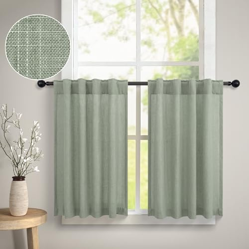 Sage Green Kitchen Cafe Curtains 24 Inch Length for Small Window 2 Panels Back Tab Pocket Top Tier Curtain Semi Sheer Linen Short Bathroom Curtains for Closet Door Coverings 30x24 Long Light Green