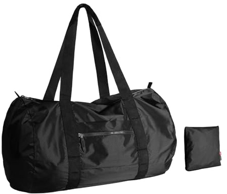 Pack All Bolsa de Viaje Plegable de 45 L, Ligera y Resistente al Agua | Bolsa de Fin de Semana de Nylon Antidesgarro, con Cremalleras YKK Suaves, Ultraligera y Portátil, Costuras Reforzadas, Negro