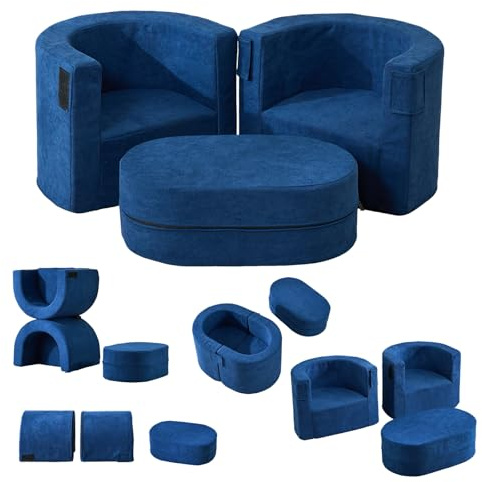 ANONER Sillón Infantil Sofá Cama 3 en 1 Taburete Acolchado + Mesa, Sofa para Niños con Esponjas de Alta Densidad para Niños y Niñas, Sofá Infantil Azul Oscuro
