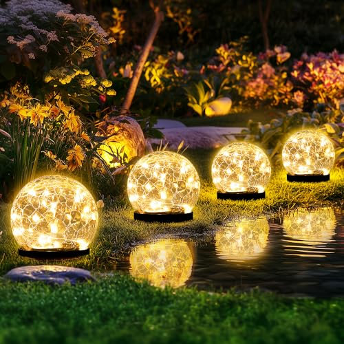 PATIOPIA Solar Lights Outdoor for Yard Patio Porch, Garden Decor Birthday Gifts for Mom Women, Solar Globe Lights Waterproof Cracked Glass Ball Outdoor Decorations Balcony Backyard (4 Pack Warm White)