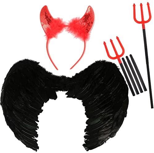 The Fancy Dress Adults 3 Pcs Feather Wings Sequin Devil Horns Headband & Devil Pitchfork Set, Womens Girls Halloween Cosplay Trident Costume accessory Sets, Black Wings + Devil Horns Headband & Folk