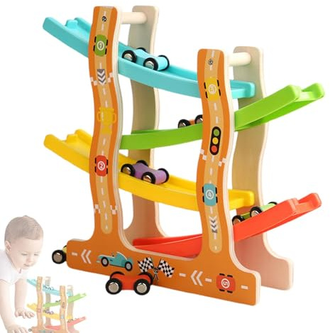 Juguete de madera para coche con pista de carreras, juguete de carreras con rampa para coches con pista deslizante de animales para niños | Pista de carreras de 4 capas, juguete educativo de educación