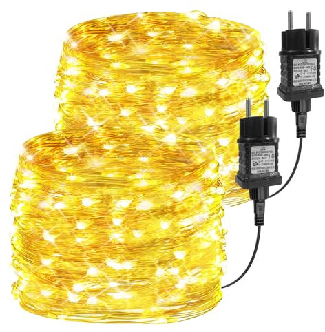 Lagriner Guirlande Lumineuse, 2 x 10M 100 LEDs Lumières d'arbre de Noël Fil de cuivre Décoration, Imperméable Lumière Etoilée pour Intérieure Extérieure Chambre Maison Jardin Noël - Blanc Chaud