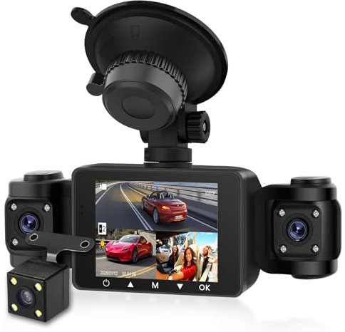 Dash Cam 360° con 4 telecamere per auto, Podofo HD 1080P Telecamera posteriore 4 canali Registrazione in loop Visione notturna Sensore G Avviso angolo cieco +Scheda TF da 64 GB