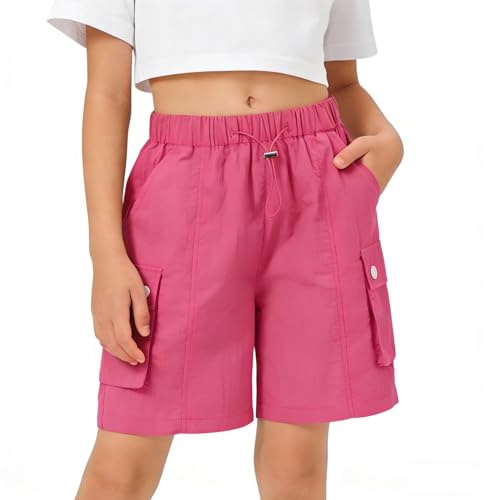 Rolanko Flickor, sport, korta byxor, barn, sommar, midi, längd, cargo, fallparaply, shorts för tonårslöpning, gymnastik, rosa, 13-14 år