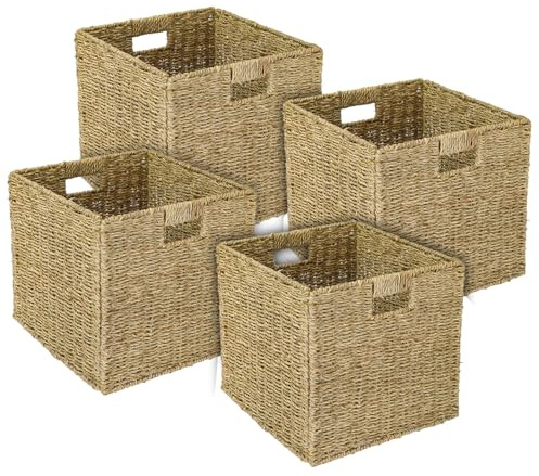 HMF Aufbewahrungskorb passend für KALLAX Regal, Korb geflochten aus Seegras mit Griffen | 4er Set | 32 x 34,5 x 32 cm | Natur