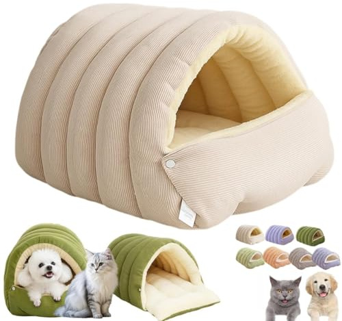 Cave Cat Bed, Cozy Monster Cat Bed, Cozy Cave Dog Bed, Soft Plush Winter Cave Pet Bed with Removable & Washable Cushioned, Winter Warm Cats House Tent Bed for Cats and Small Dogs (#Beige, M)
