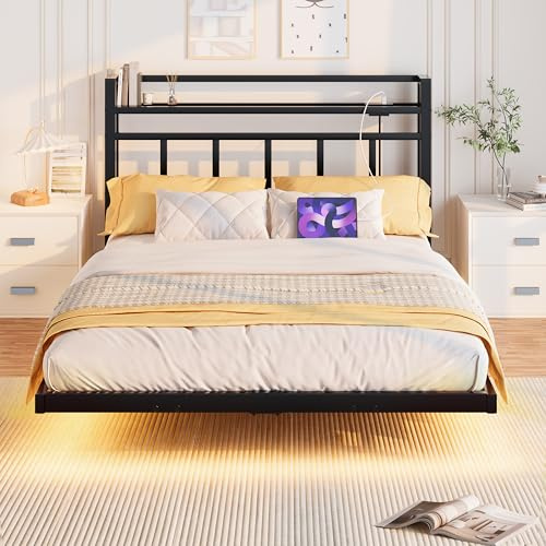 4ft6 Floating Double Size Bed Frame with LED Lights and Charging Station,135×190cm Metal Platform Bed Frame with Storage Shelf Headboard,Heavy Duty Metal Slats,No Box Spring Needed, Noise Free, Black
