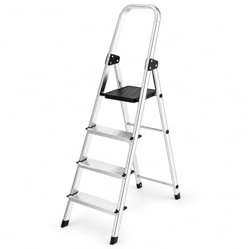 Scala in Alluminio 4 Gradini - Portata 150kg, Certificata EN131 - Antiscivolo, Ultraleggera e Salvaspazio - Uso Domestico e Lavorativo - Pratica da Aprire, Chiudere e Riporre (1 Scala, 3+1 Gradini)