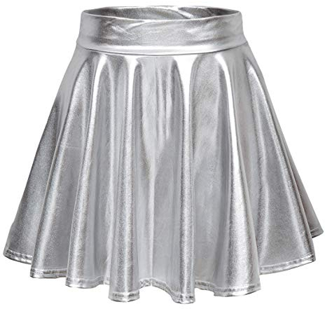 Damen Glänzend Höhe Taille Liquid Mini Rock Metallisch Elastische Taille A-Linien Pull On Skater Röcke (S, Silber)