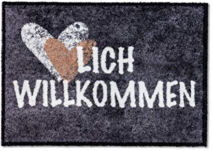 Astra Flauschige Sauberlaufmatte weich - Pure & Soft - Herzlich Willkommen grau 50 x 70 cm - Waschbarer Küchenteppich innen - Türmatte strapazierfähig