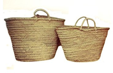 Capazo de Palma, fibras naturales, con Asas Cortas de Pita. Cesto o Bolso de Mimbre para la Playa (7V, aprox. 42x25 cm)