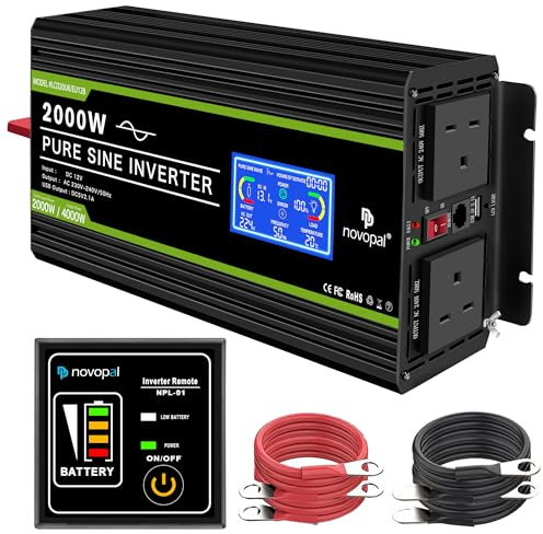 Novopal 2000W Pure Sine Wave Inverter 12V to 230V 240V Car Converter Power Inverter with LCD Display 2AC Outlets and USB Port,Remote Control for Motorhomes,Truck,Boat,Camping,Household,Van