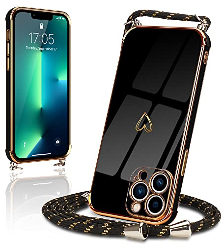 Micoden Handykette kompatibel mit iPhone 13 Pro Max Hülle Ultra dünn Kameraschutz Herz Love Design Galvanik TPU Silikon Bumper Kordel zum Umhängen Handyhülle mit Band Schutzhülle,schwarz