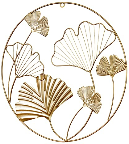 Wandbild Ø40cm Ginkgo Gold Metall Wanddeko Wandhänger Metallbild Dekoration Wandobjekt Deko Bild