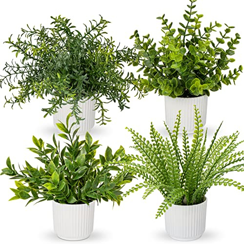 Oairse Small Artificial Plant Set of 4 Fake Plants Potted Mini Artificial Plants Indoor Faux Boston Fern Eucalyptus Rosemary Decorative House Plant for Home Bathroom Office Shelf Desk Decor