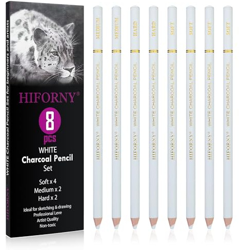 HIFORNY Lot de 8 crayons de charbon blanc - Ensemble de dessin pour esquisse, ombrage et estompage - Crayons de craie blancs pour débutants et artistes