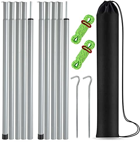 Tent Poles Adjustable Tarp Poles Steel Rods for Tarp Canopy Camping Replacement Set of 2 +Pegs & Reflective Ropes (Grey)