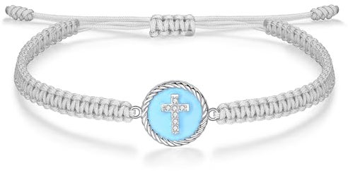 J.Endéar Bracelet Croix pour Femme Fille Argent 925, Cordon Filigrane Tressé Bracelet Fait Main Bleu Marine Émail Breloque, Foi et Amour Bijoux Cadeau, Gris