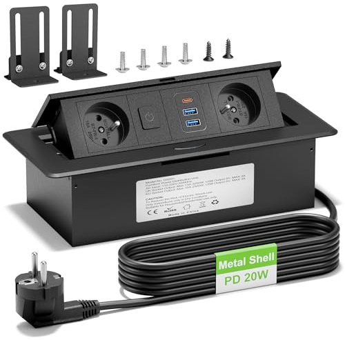 Multiprise Encastrable USB C PD20W avec Interrupteur, Aluminium Prise Encastrable Plan de Travail 2 Prises Française et 2 USB A, Multiprise Escamotable pour Table Cuisines Travail, 1.8M Câble, Noir