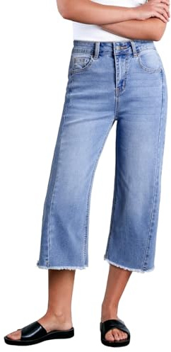 Sidefeel Women's High Waisted Stretchy Wide Leg Raw Hem Capri Denim Pants Size 12 Light Blue