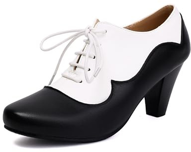 Mary Jane Scarpe da donna anno Pump Heels Oxford Classic e Retro Lace Up Two Tones vintage 50s con punta chiusa rotonda 40s, Nero, 39 EU