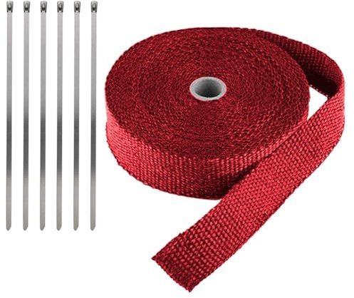 LKRXW Bande Thermique Échappement Fibre de Verre Ruban Collecteur d'échappement de Moto Tuyeau Isolant Thermique Protection Voiture Isolante Rouge 2,5CM X 5M avec 6 Attaches