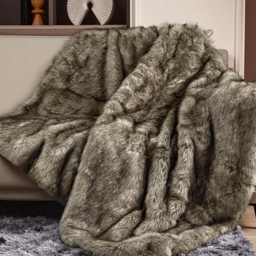 ROMROL Luxury 1000GSM Faux Fur Throw Blanket, Super Thick Warm Cozy Heavy Blankets for Couch Bed Sofa, Plush Fuzzy Elegant Soft Reversible Mink Blanket, Browngrey, 150x200 CM