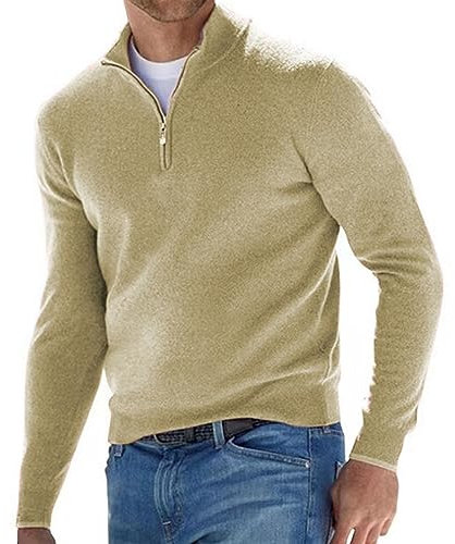Casual Shirt Men's Slim Fit Thermal Long Sleeve Shirt Men's V-Neck with Zip Sweater Plain Pullover Garments Made of Wool Autumn / Winter Turtleneck Shirt Comfortable Sweatshirt, khaki, XL