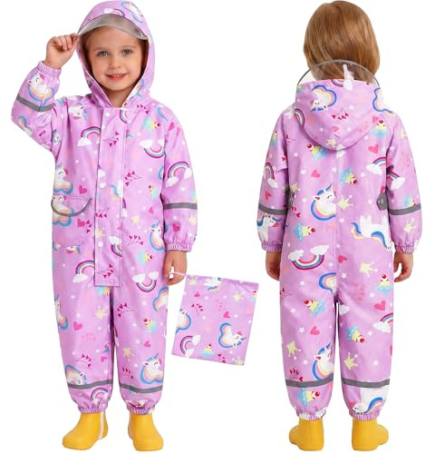 Baogaier Ragazze Impermeabile con Cappuccio Bambini Tuta da Pioggia Leggero Tutto in Uno Giacche Tutina Antipioggia Giacca Poncho Impermeabili Abbigliamento Bambina 1-3 Anni, Viola Cavallo