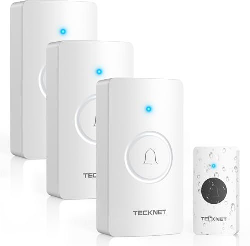 TECKNET Wireless Doorbell Battery with 3 Receivers, 4.5 Year Battery Life Cordless Door Chime Kit, 1312 ft Long Range, IP65 Waterproof Door Bell, 60 Melodies & 5-Level Volume, LED Flash