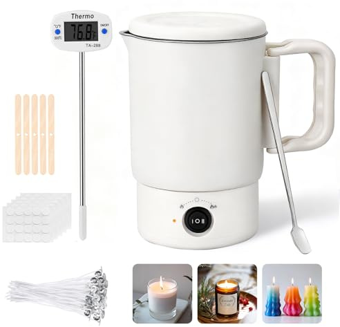 Aofesel Fusciera elettrica per la produzione di candele con beccuccio, 800 ml, vaso per fusione di cera con stoppino, adesivo per stoppini, dispositivo di centraggio, cucchiaio incluso, termometro