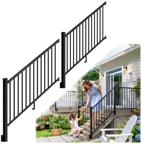 Egadis 2 Pack 36 in. H x 6 ft. W Side Mount Aluminum Stair Railing Kit, Black Textured Powder-Coat Finish Fascia Mount Rail System for Concrete Steps or Wooden Stairs(2 Post, 2 Panel)