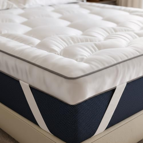 Microfibre Mattress Topper Double Bed, 4 Inch/10cm Extra Thick Soft Mattress Topper, 1200GMS Heavy Fill, Hotel Quality Zoned Filling with Elasticated Corner Straps, Breathable Washable 137x190
