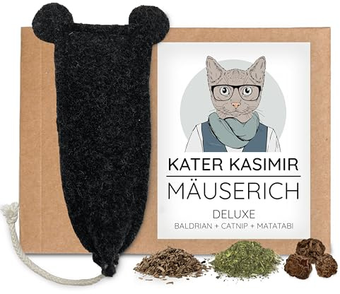 Kater Kasimir Mausererich Deluxe – Ratón de juguete para gatos XL hecho a mano con menta gatera orgánica, valeriana orgánica y relleno de fruta matatabi para autoempleo