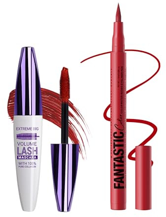 Mascara rosso e eyeliner Set 5D Silk Fiber Telescopic Mascara Volume e Lunghezza, Asciugatura Rapida Eyeliner Liquido, Durevole, Impermeabile, Resistente alle sbavature, Trucco Oculare Altamente