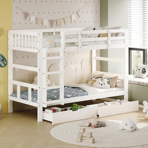 BPKADHY Litera para niños, 90 x 200 cm, madera maciza con protección anticaída y 2 cajones, cama litera convertible en 2 camas individuales, incluye somieres para niñas y niños, color blanco