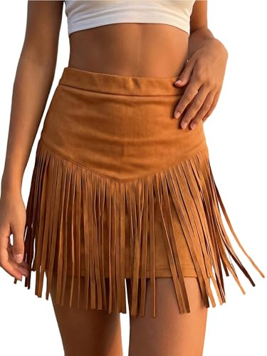 Acrawnni Womens Western Cowgirl Fringe Mini Skirt Vintage Cowgirl Cowboy Outfits High Waisted A Line Faux Suede Party Skirts