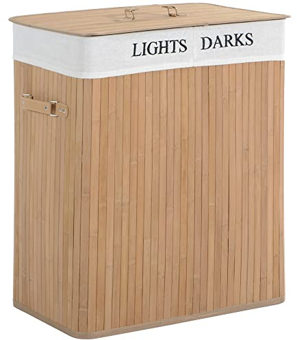 HOMCOM Wäschekorb Wäschebox Wäschesack mit waschbarem Wäschesammler mit Deckel Griffen Segeltuch + Bambus Natur 100L 52 x 32 x 63 cm