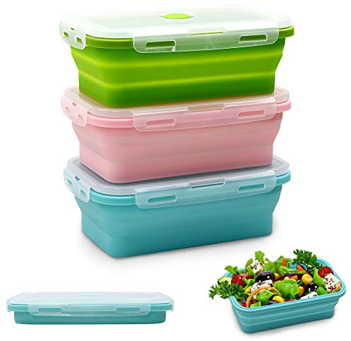 Alimat PluS Silicone Food Storage Containers with Lids, 3 Pack Set 800ml Collapsible Meal Prep Lunch Containers, Microwave, Freezer and Dishwasher Safe