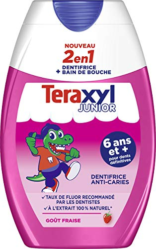 Teraxyl - Dentifrice 2 en 1 - Dents Définitives 6 ans et + Junior/Enfant - Dentifrice au fluor + Bain de bouche antibactérien - Protection complète - Goût Fraise - Tube de 75 ml