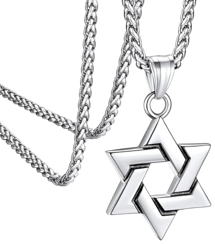 Bestyle Star of David Necklace for Men Vintage Stainless Steel Hexagram Pendant with 22 Inches Chain Jewish Religious Judaism Jewelry