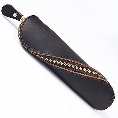 Crazy Horse - Estuche de cuero con espiral, mini estuche vintage con cremallera, bolsa de papelería para escuela, adultos y adolescentes, Color café, L, Estilo retro