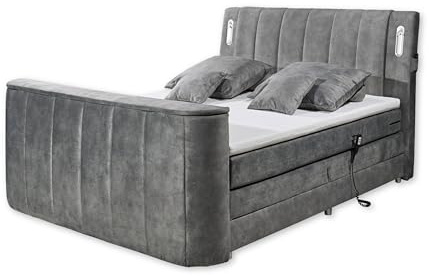 DALLAS 6 Boxspringbett 180x200 elektrisch verstellbar, Grau - Bequemes Doppelbett mit motorisierter TV-Halterung & LED-Beleuchtung - 186 x 126 x 244 cm (B/H/T)