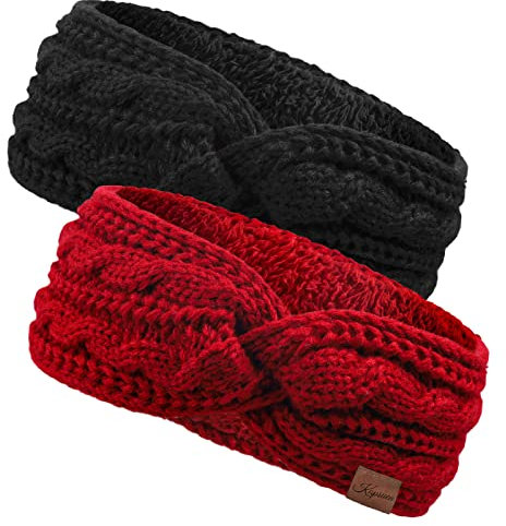 Stirnband Damen Winter - 2 Stück Mädchen Ohrenwärmer Gefüttert mit Fleece, Strick Haarband Elastische Haarbänder Verdicken Kopfband für Damen/Frauen/Mädchen (Schwarz+Rot)