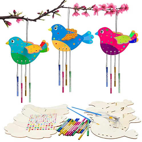 WEDNOK 6 Kits Bricolage Oiseaux 3D Carillon à Vent Artisanat en Bois à Peindre Décoration Suspendue DIY Activité Manuelle Loisirs Créatifs pour Printemps Cadeau Anniversaire Fête Party
