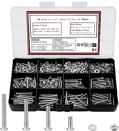 WUJIAQIU M4 Schrauben Set, 840 Stk Linsenkopfschrauben Muttern Set mit Unterlegscheiben Set, Maschinenschrauben Sortiment Gewindeschrauben Set, Rundkopf Kreuzschlitzschrauben mit Muttern