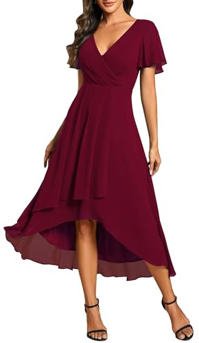 Ever-Pretty Vestidos de Invitada de Boda Elegantes Vestidos de Noche de Gasa Mujer Midi Cortos Vestidos de Novia Burdeos 40